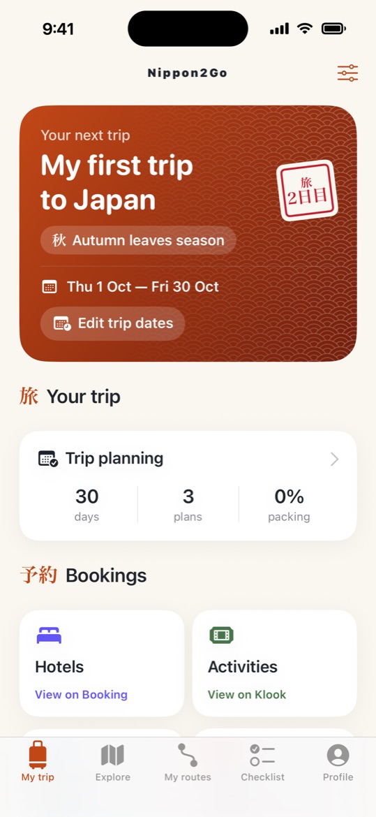 My trip: the trip with its dates, season and bookings